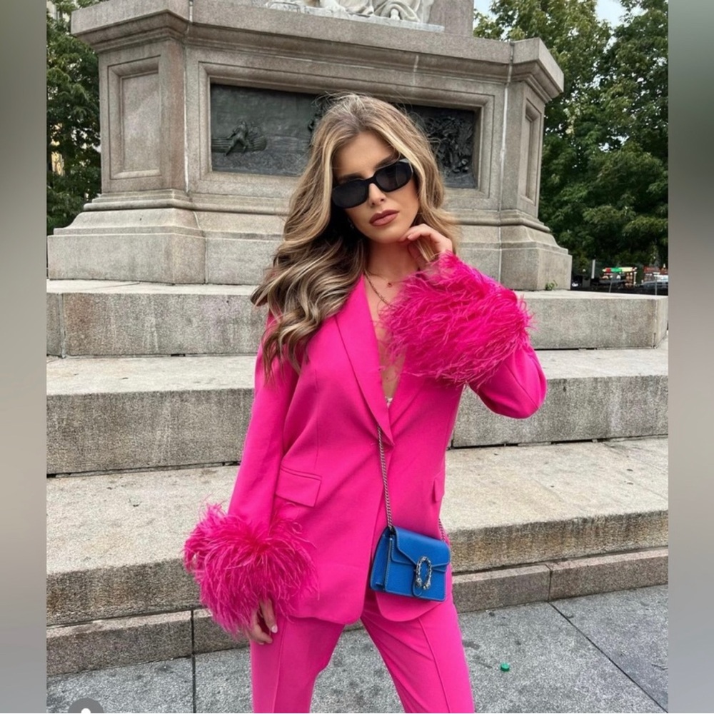 Zara straight cut feather blazer hot pink